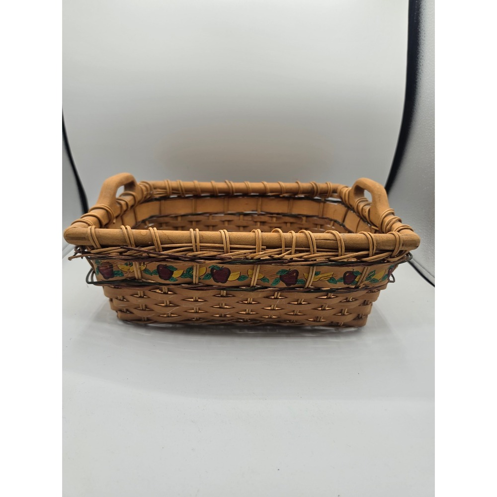 Handwoven Rectangular Wood Basket with Handles Apple Painted Border 15x11x7